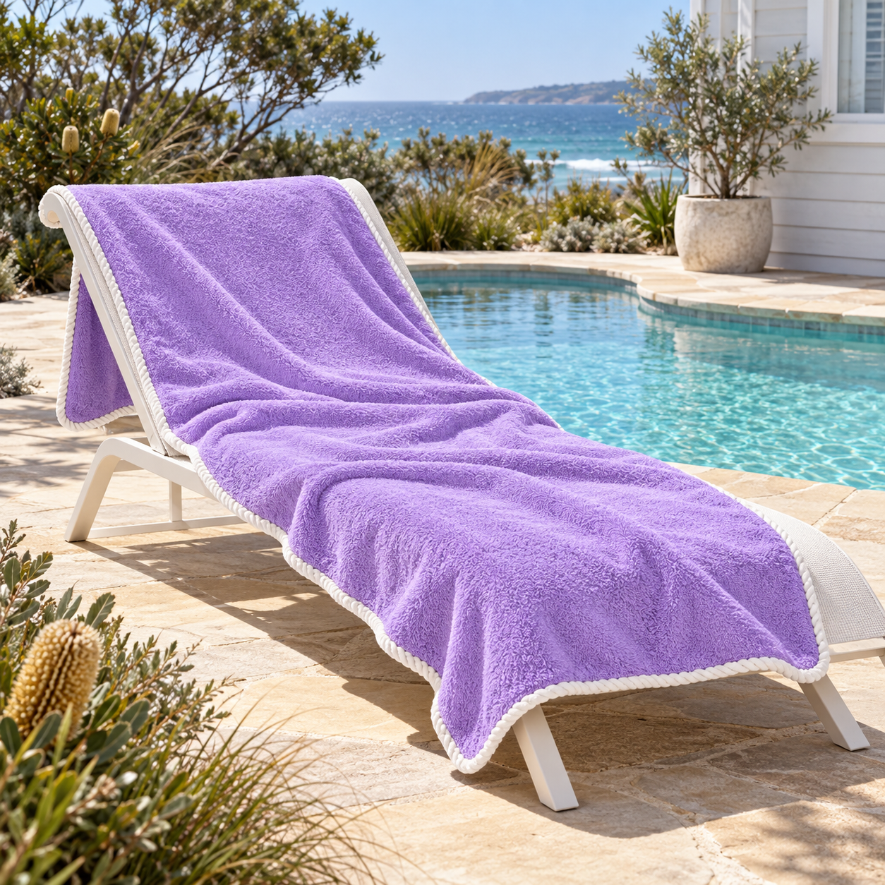 Noosa extra large lilac towel with white piped edging on a sun lounger beside a curved pool in an Australian coastal setting.