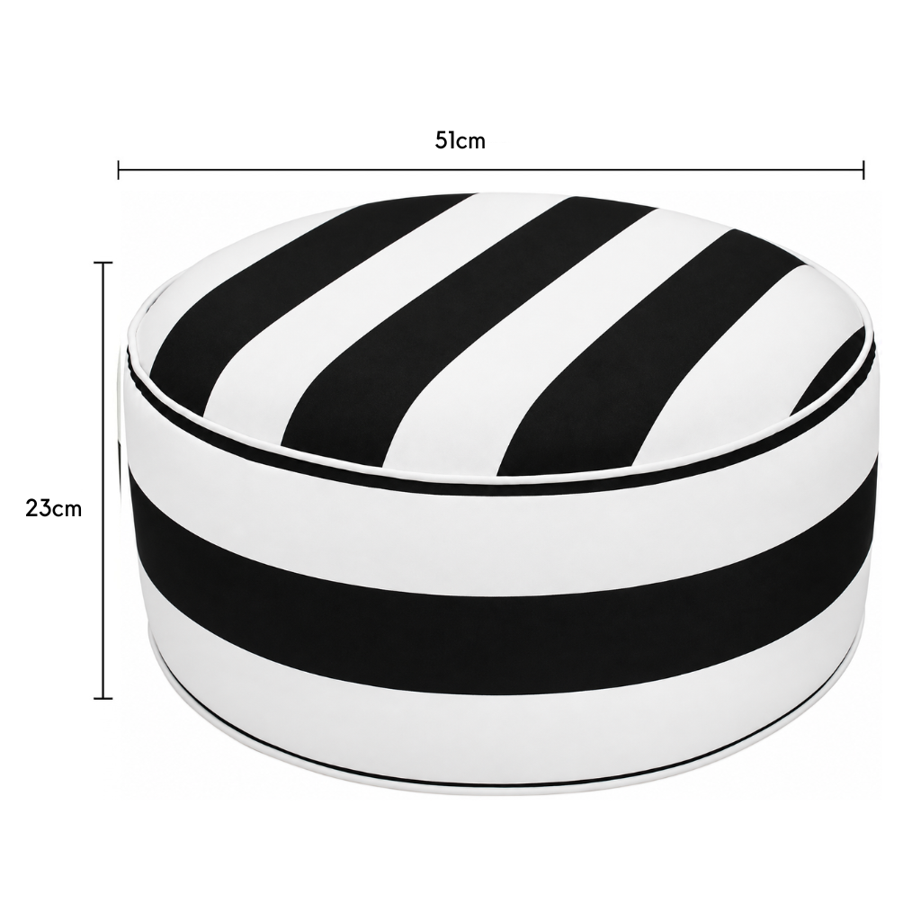 Dimensions of black and white stripe outdoor inflatable ottoman: 51 cm wide, 51 cm deep and 23 cm high.