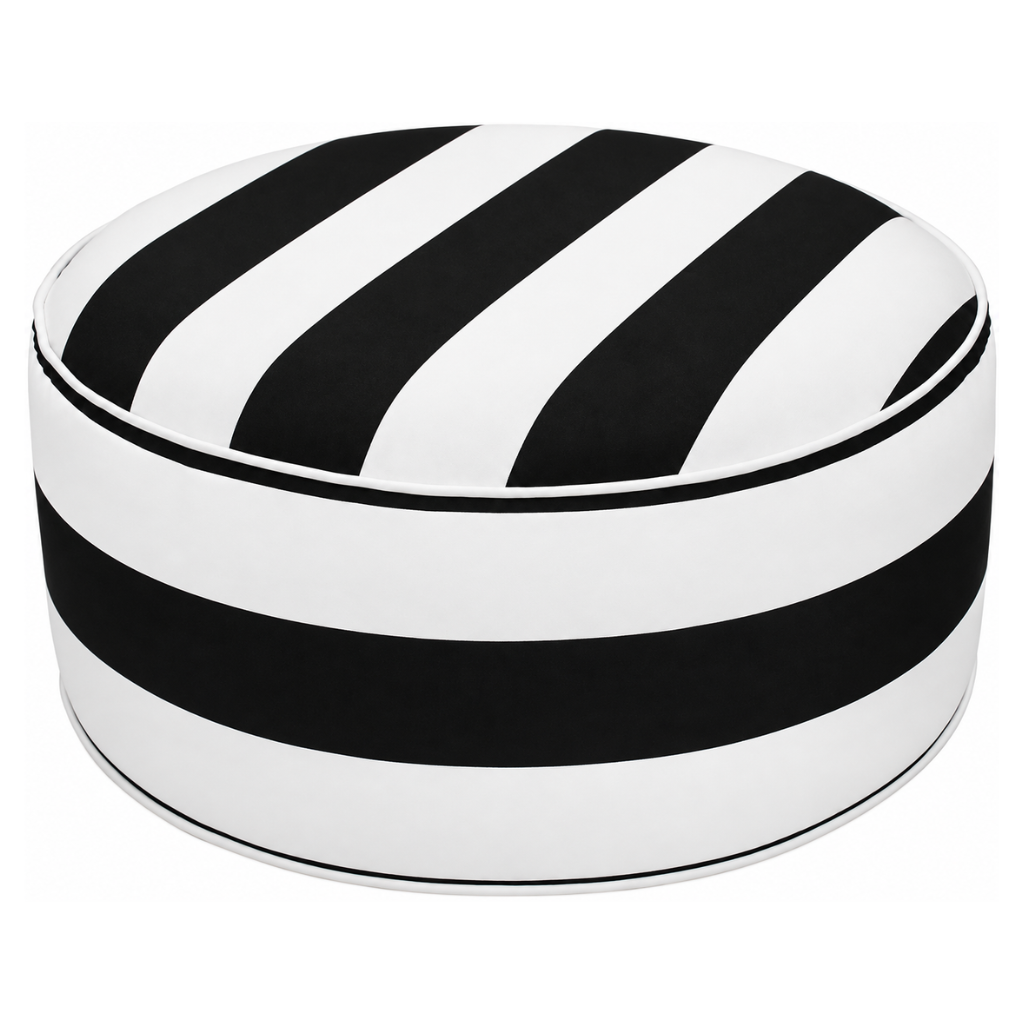 Black and white stripe outdoor inflatable ottoman, 51 cm wide, 51 cm deep and 23 cm high.