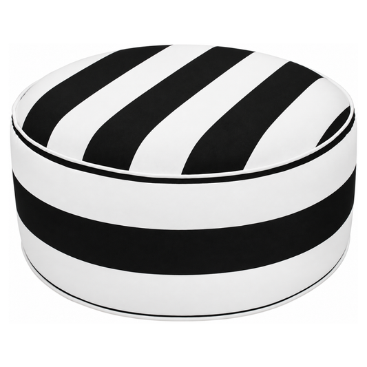 Black and white stripe outdoor inflatable ottoman, 51 cm wide, 51 cm deep and 23 cm high.