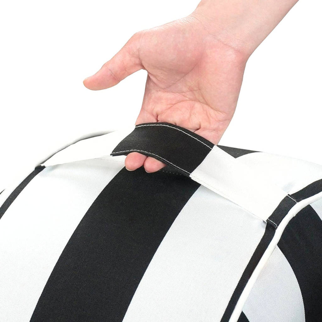 Close-up of the carry handle on black and white stripe outdoor inflatable ottoman.