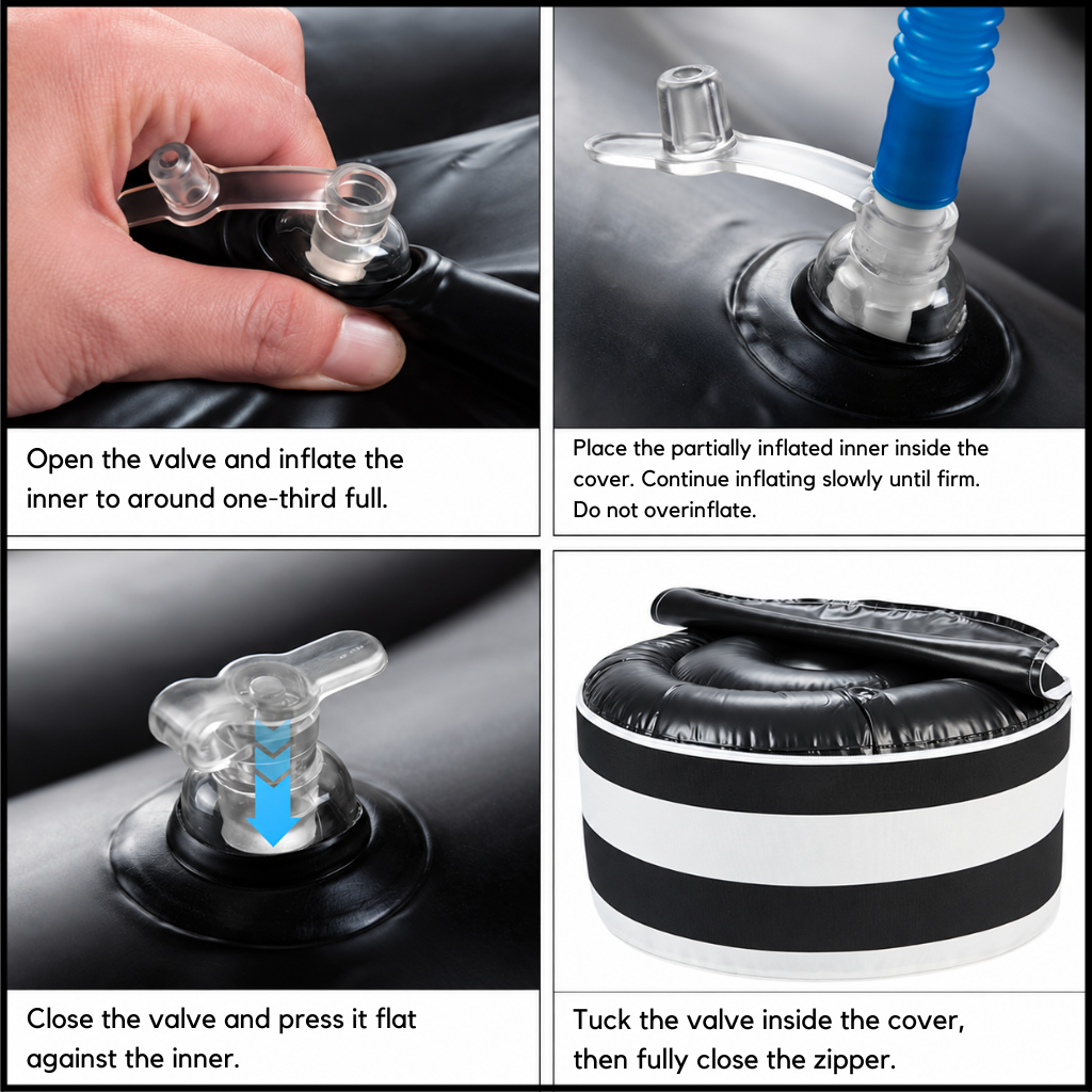 Four-step inflation guide showing the valve, pump connection, closed valve and inner placed inside the ottoman cover.