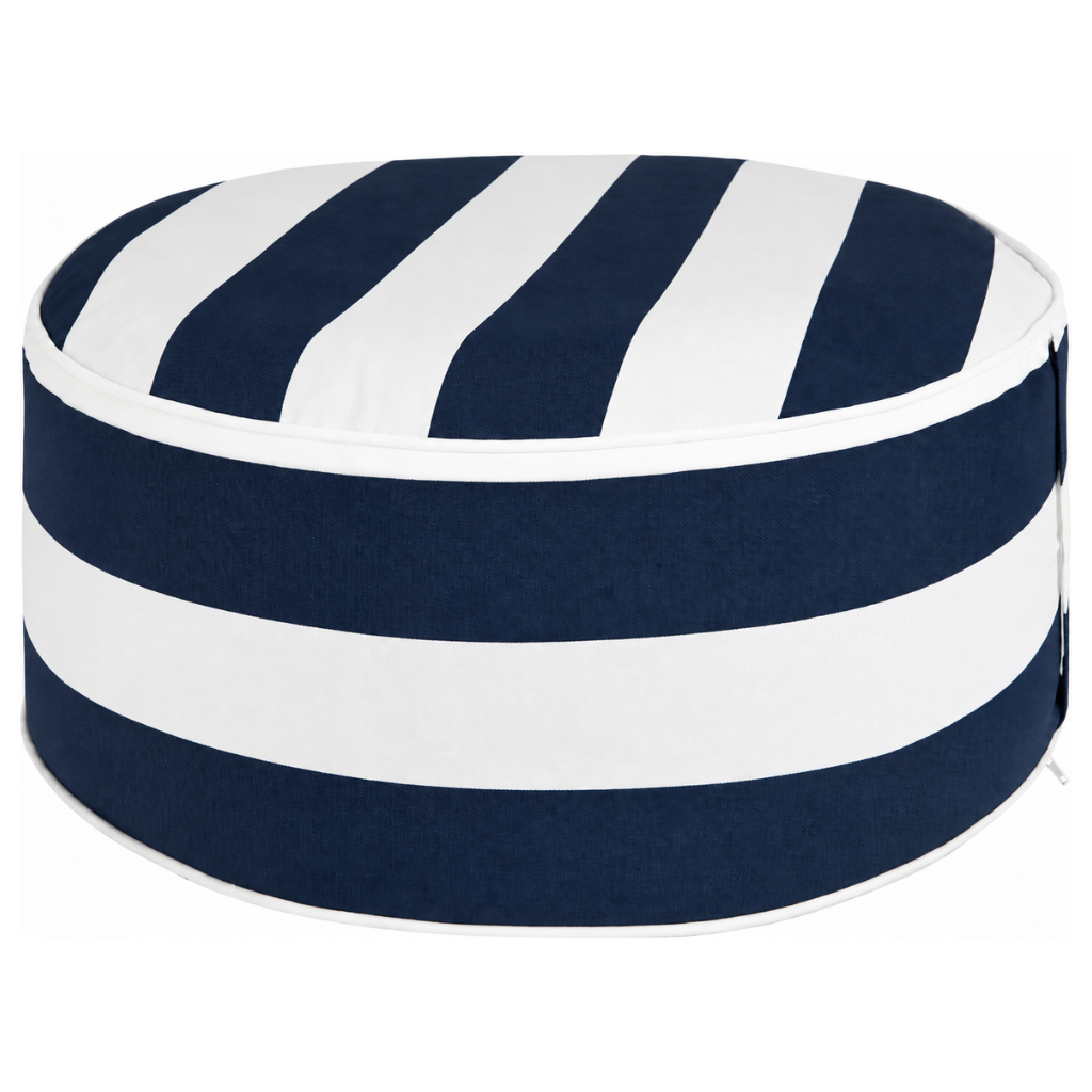 Navy and white stripe outdoor inflatable ottoman, 51 cm wide, 51 cm deep and 23 cm high.