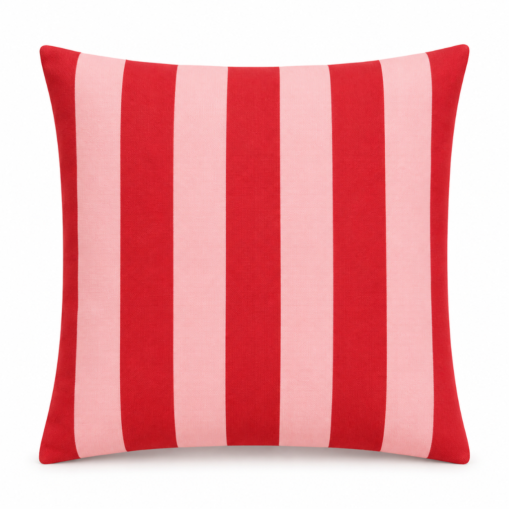 Pink and red striped 18 inch square outdoor cushion cover on white background