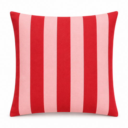 Pink and red striped 18 inch square outdoor cushion cover on white background