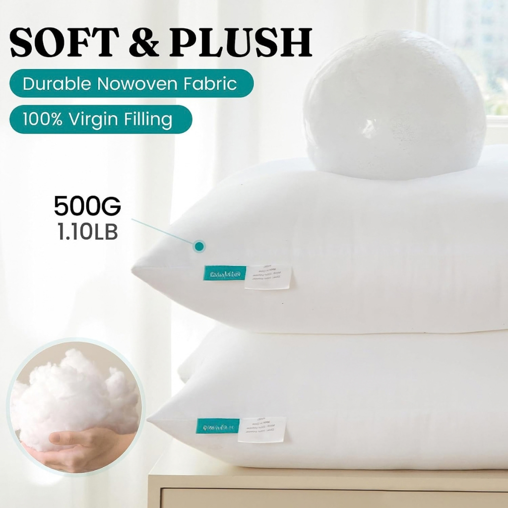 Soft plush white polyester cushion inserts with virgin filling and durable non-woven fabric.