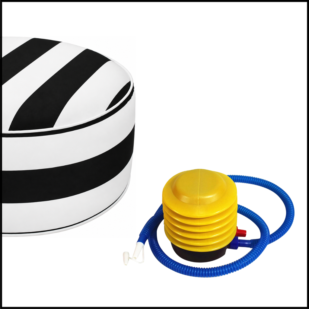 Yellow portable foot pump with blue hose and nozzle for inflating outdoor inflatable ottomans next to a black and white stripe ottoman.