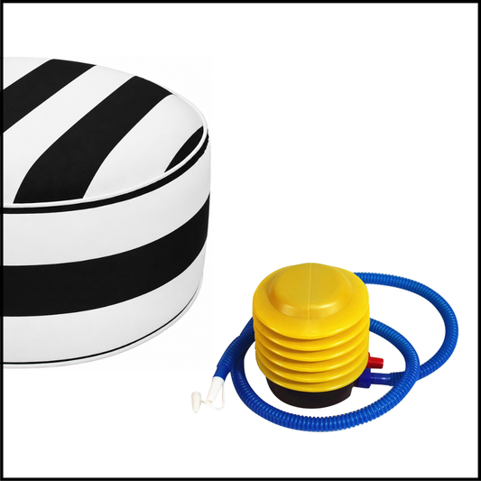 Yellow portable foot pump with blue hose and nozzle for inflating outdoor inflatable ottomans next to a black and white stripe ottoman.