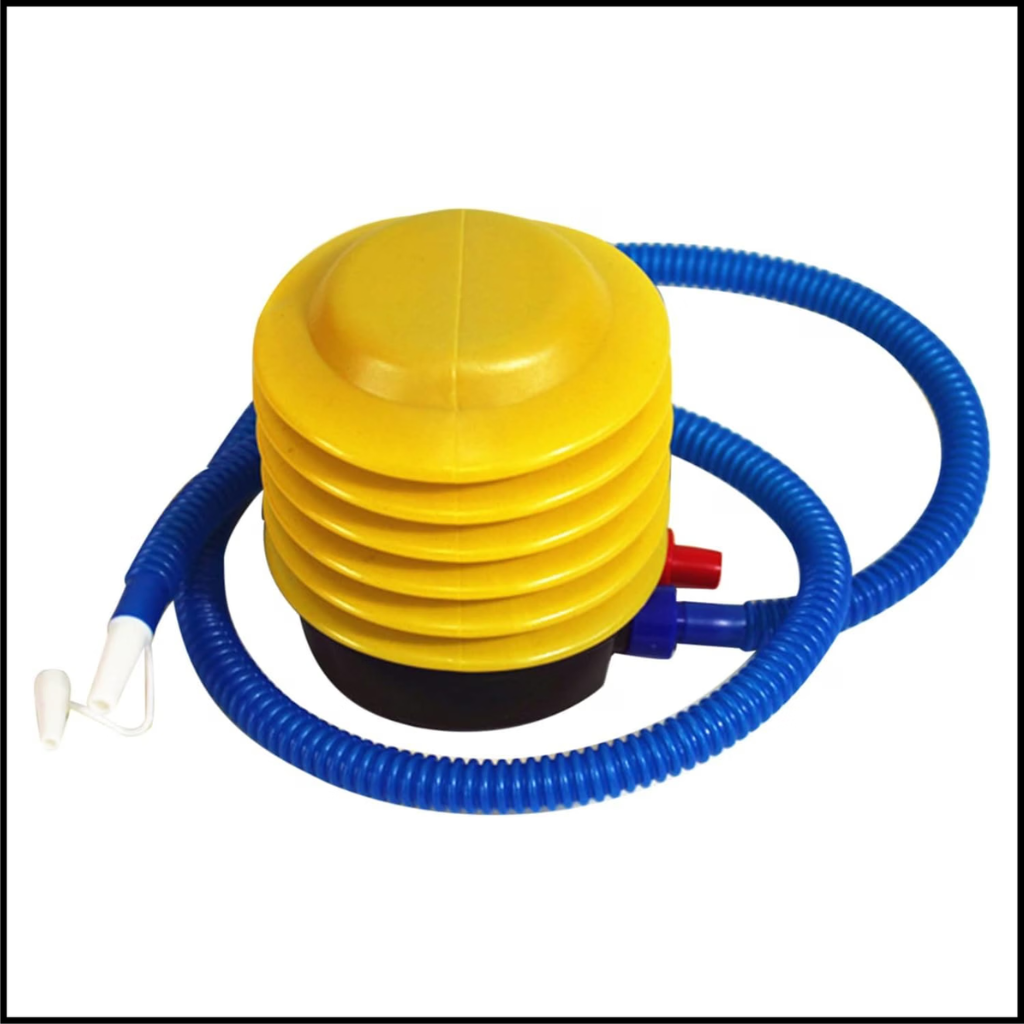 Yellow portable foot pump with blue hose and nozzle for inflating outdoor inflatable ottomans.