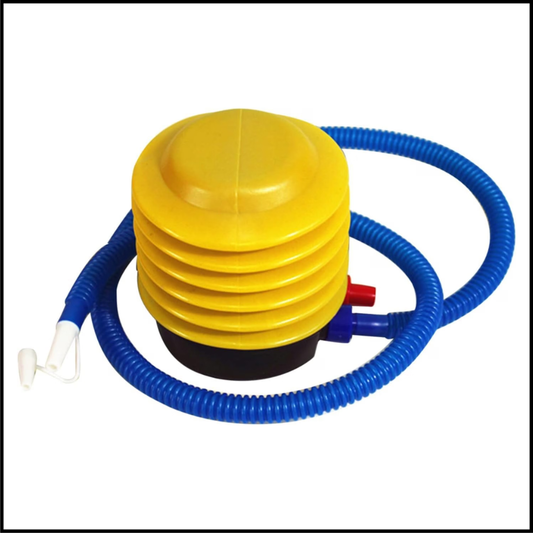 Yellow portable foot pump with blue hose and nozzle for inflating outdoor inflatable ottomans.