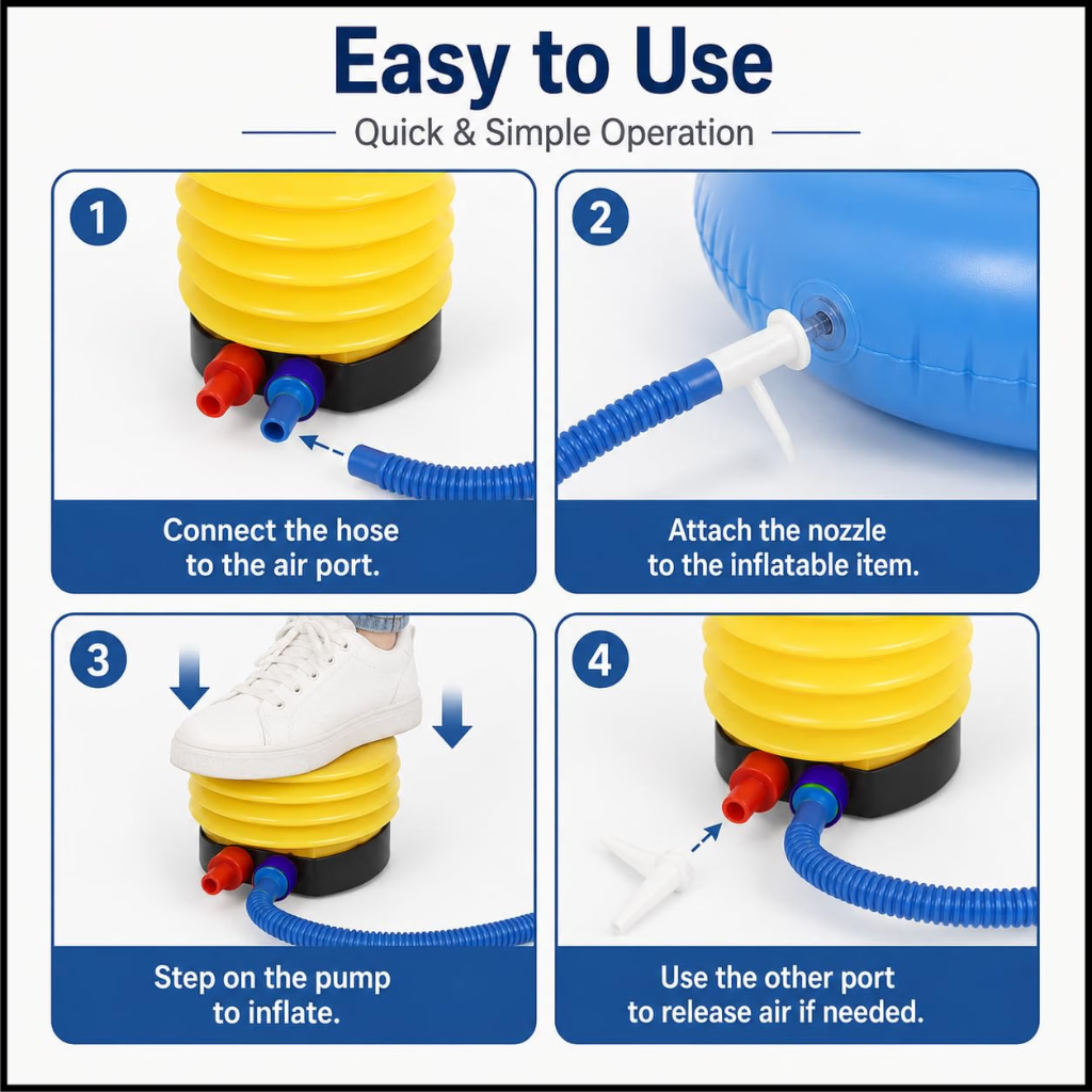 Four-step guide showing how to connect and use a portable foot pump to inflate or deflate an inflatable ottoman.