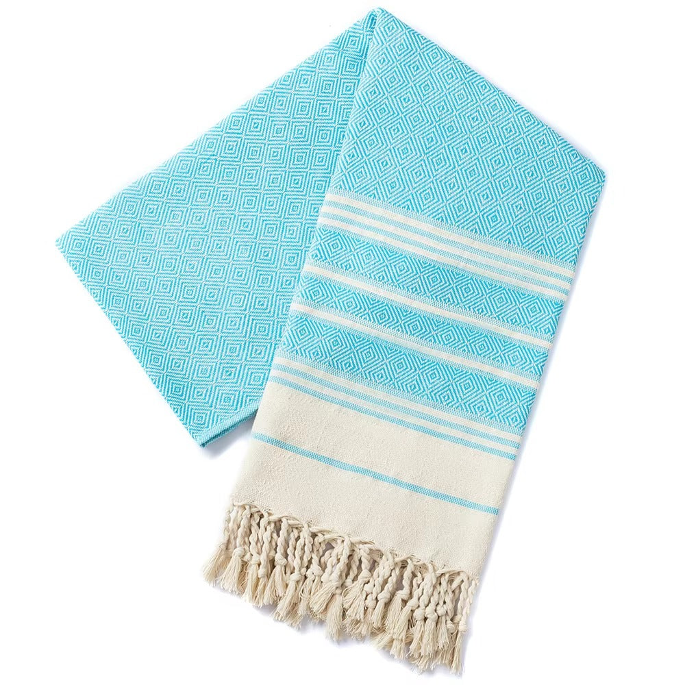 Blue jacquard-woven Turkish tassel towel, 100x180cm, cotton quick-dry beach and outdoor towel.