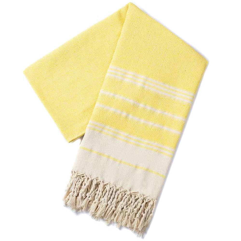 Bright Yellow  jacquard-woven Turkish tassel beach towel, 100x180cm, cotton quick-dry pool and outdoor towel.