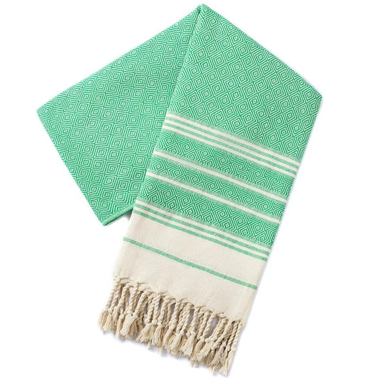 Extra large green stripe jacquard-woven Turkish tassel towel, 100x180cm, cotton quick-dry beach and outdoor towel.