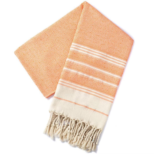 XL Orange jacquard-woven Turkish tassel towel, 100x180cm, cotton quick-dry beach , boat and outdoor towel.