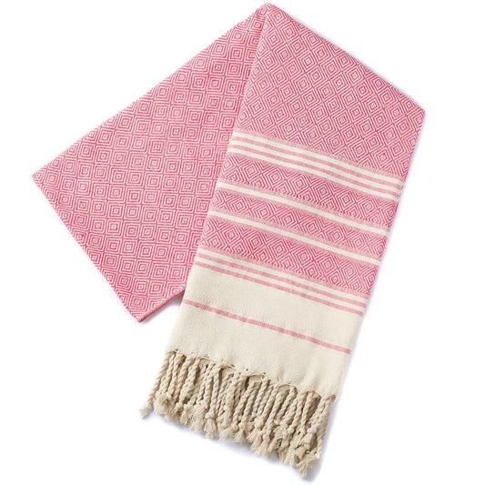 Pink striped jacquard-woven Turkish tassel beach towel, extra large 100x180cm, cotton quick-dry pool and outdoor towel.