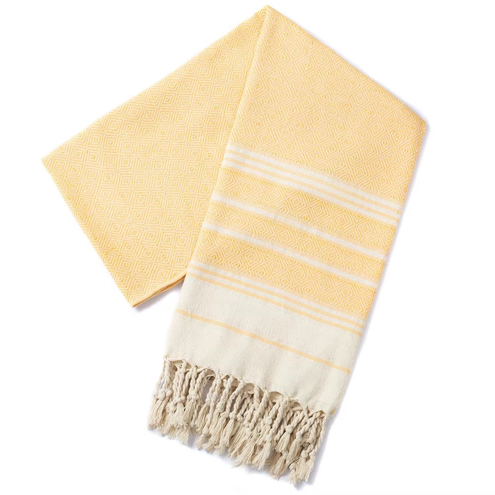 Yellow stripe jacquard-woven Turkish tassel beach towel, extra large 100x180cm, cotton quick-dry beach and outdoor towel.