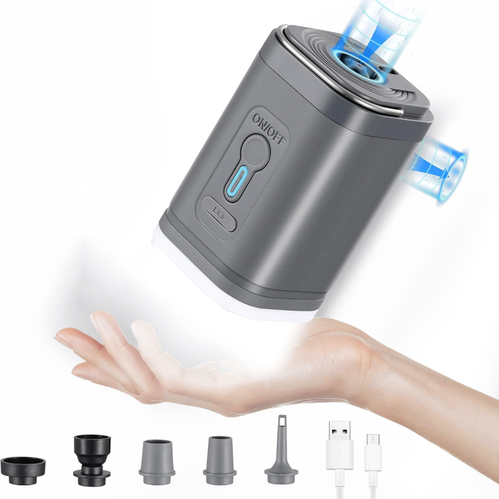 USB rechargeable electric air pump with nozzle attachments and USB charging cable.