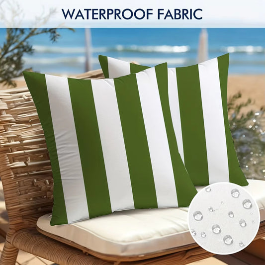 Hamptons Outdoor Waterproof Striped Cushion Cover Green White 45x45