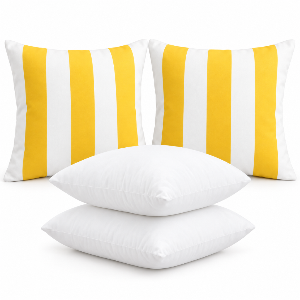 Two yellow and white striped square cushion covers with two white polyester cushion inserts stacked in front