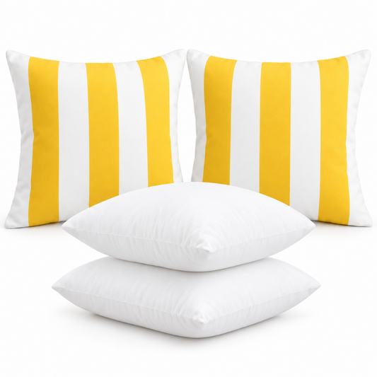 Two yellow and white striped square cushion covers with two white polyester cushion inserts stacked in front